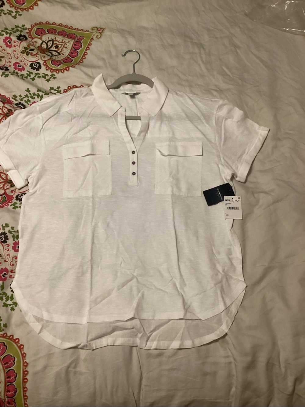 Lucky Women’s Slightly Sheer Short-Sleeve Hi/Lo Top with 2 Pockets - New